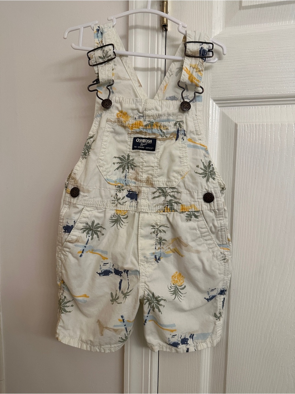 OshKosh B'gosh Cream Tropical Palm Print Short Overalls